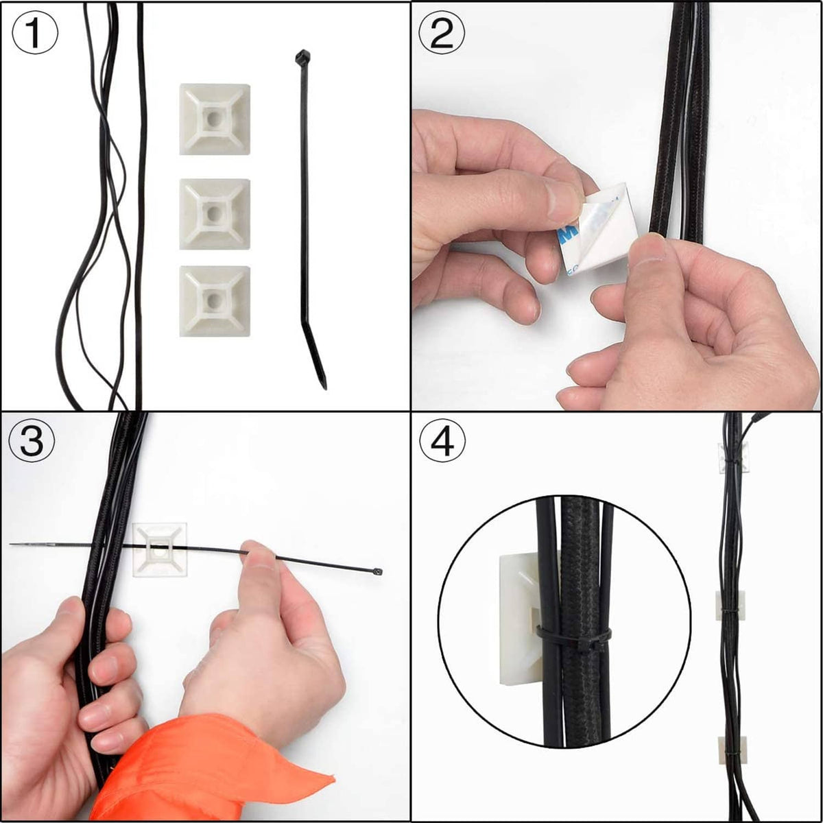 Installation steps for self-adhesive cable zip tie mount clips: peel and press