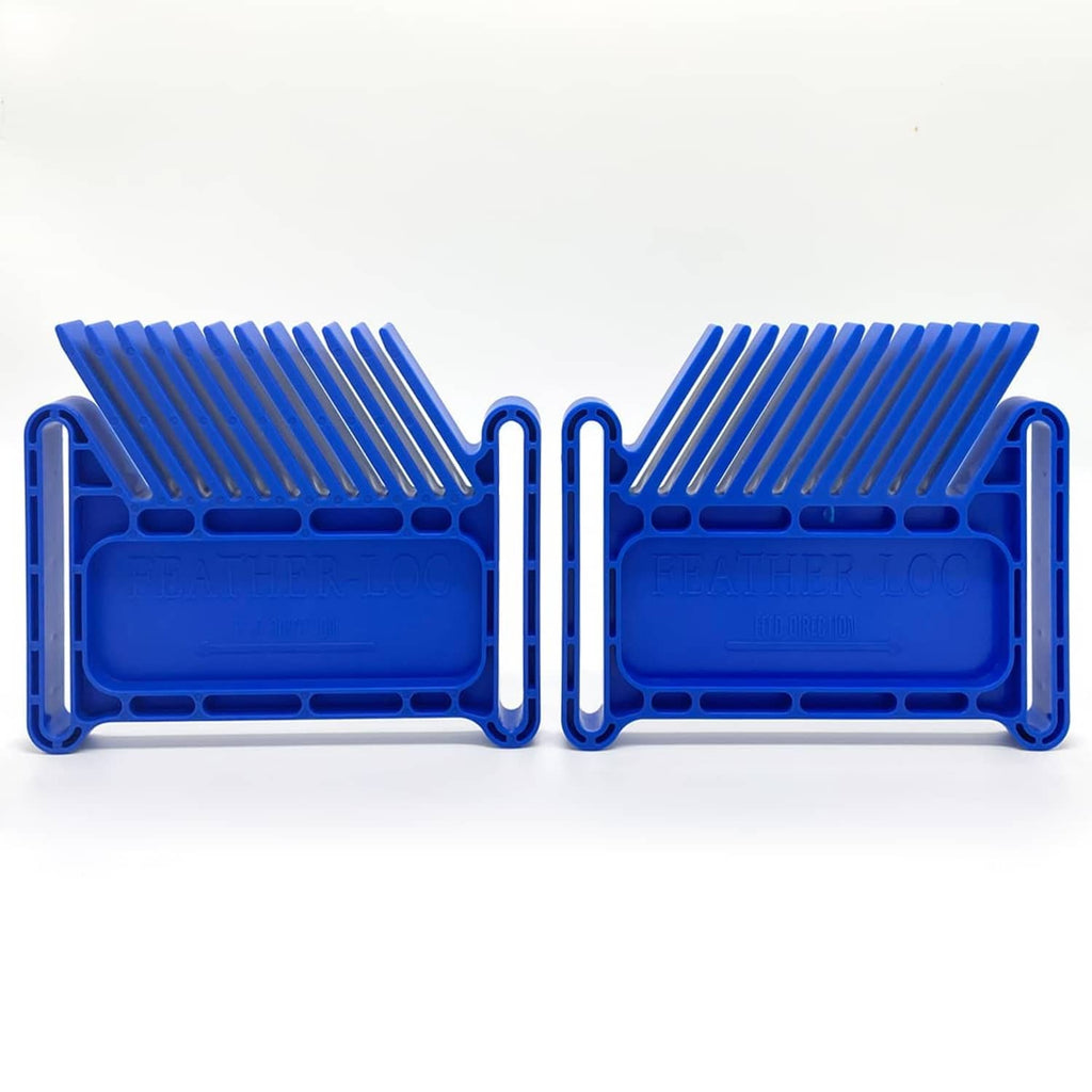 Two connected blue stackable featherboards with comb teeth and side handles