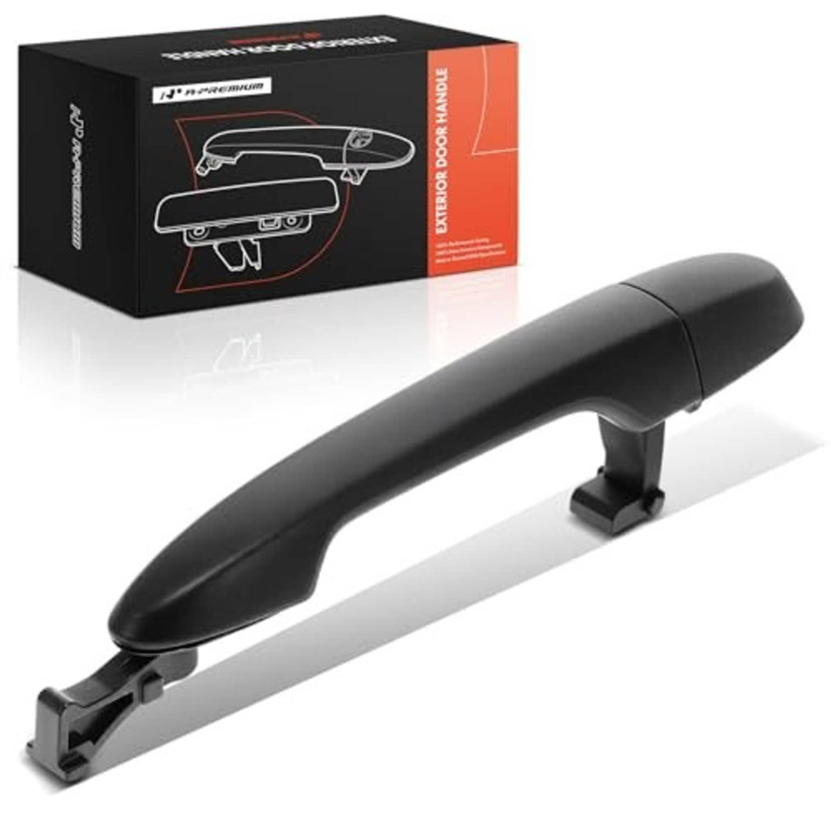 Black exterior door handle with side lever and mounting tabs, front passenger side