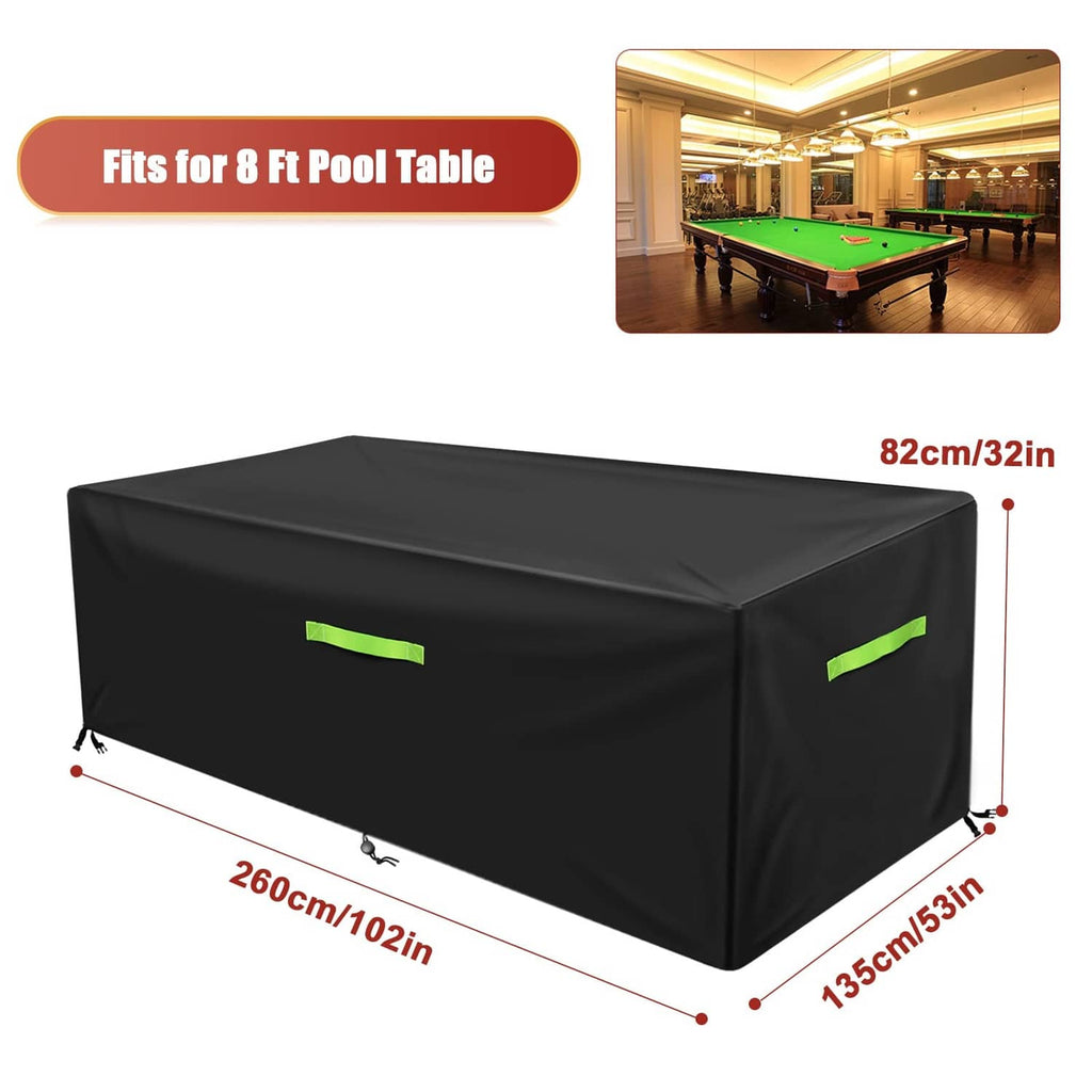 Black pool table cover with lime straps, with length and width dimension labels