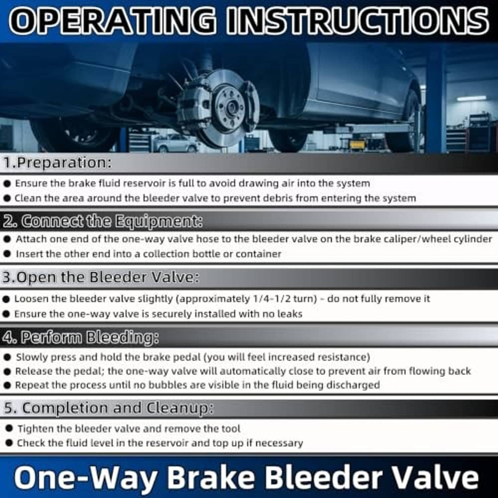 One-way brake bleeder valve on clear hose with quick-connect adapter and check valve