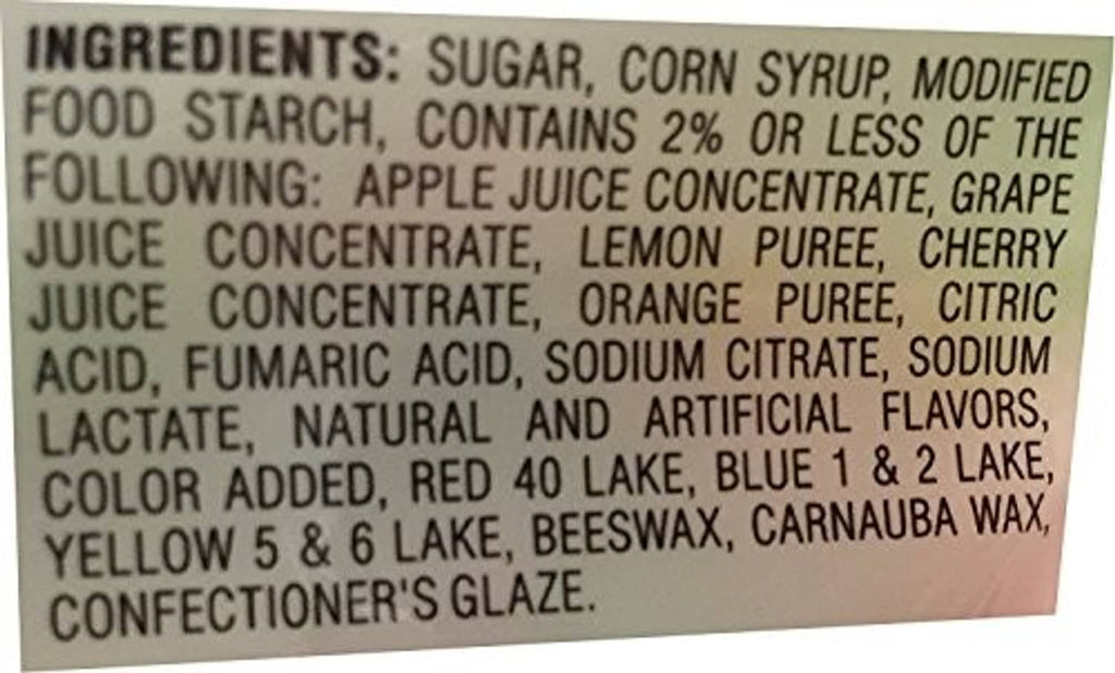 Ingredients label on sour jelly bean pouch, listing sugar and flavor additives