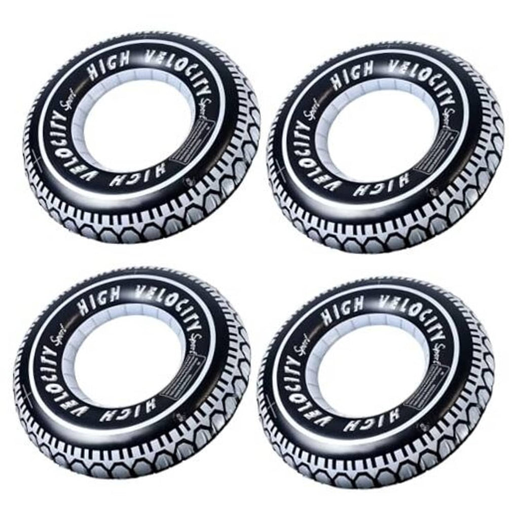Set of 4 black-and-white inflatable tire pool float rings with “High Velocity” text