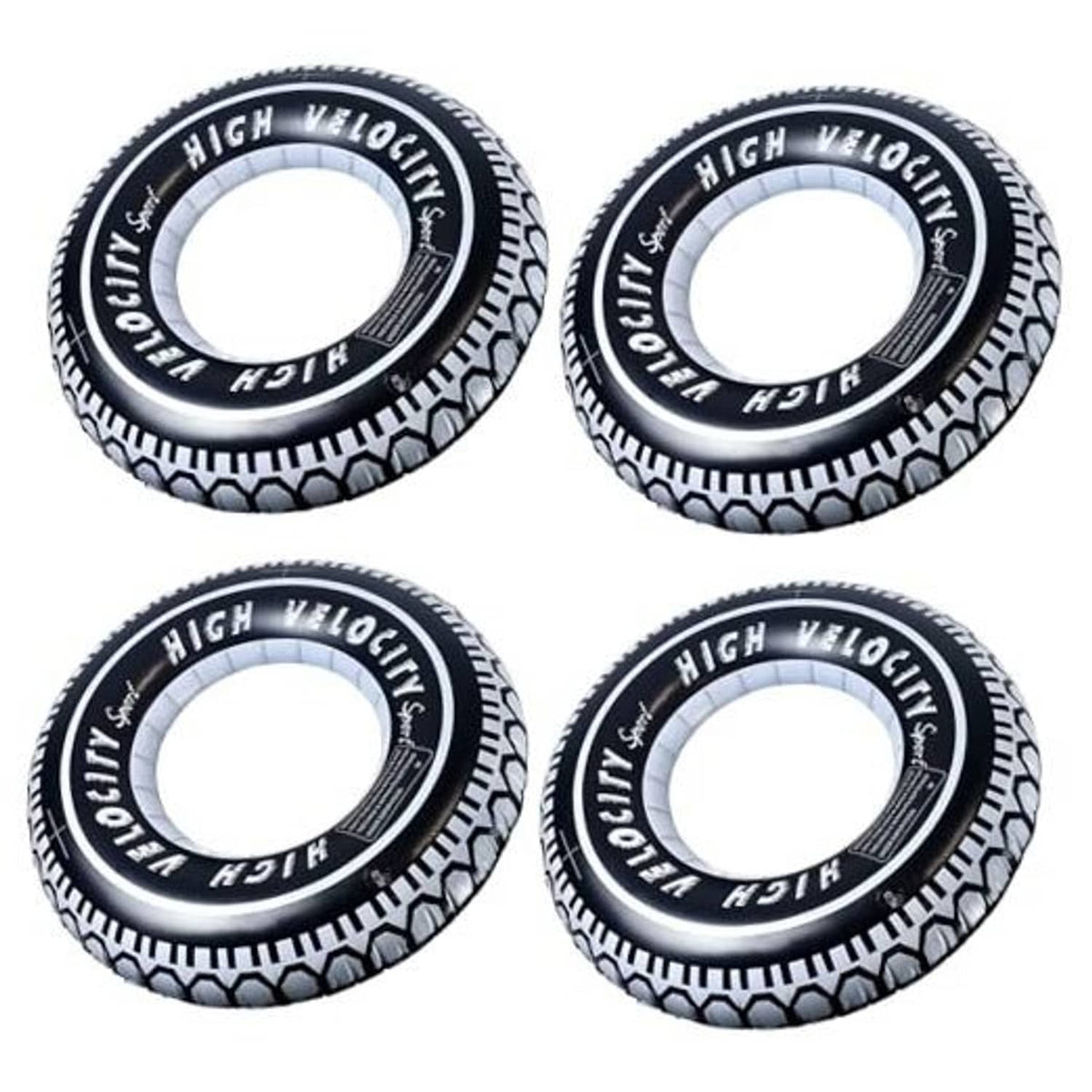 Set of 4 black-and-white inflatable tire pool float rings with “High Velocity” text
