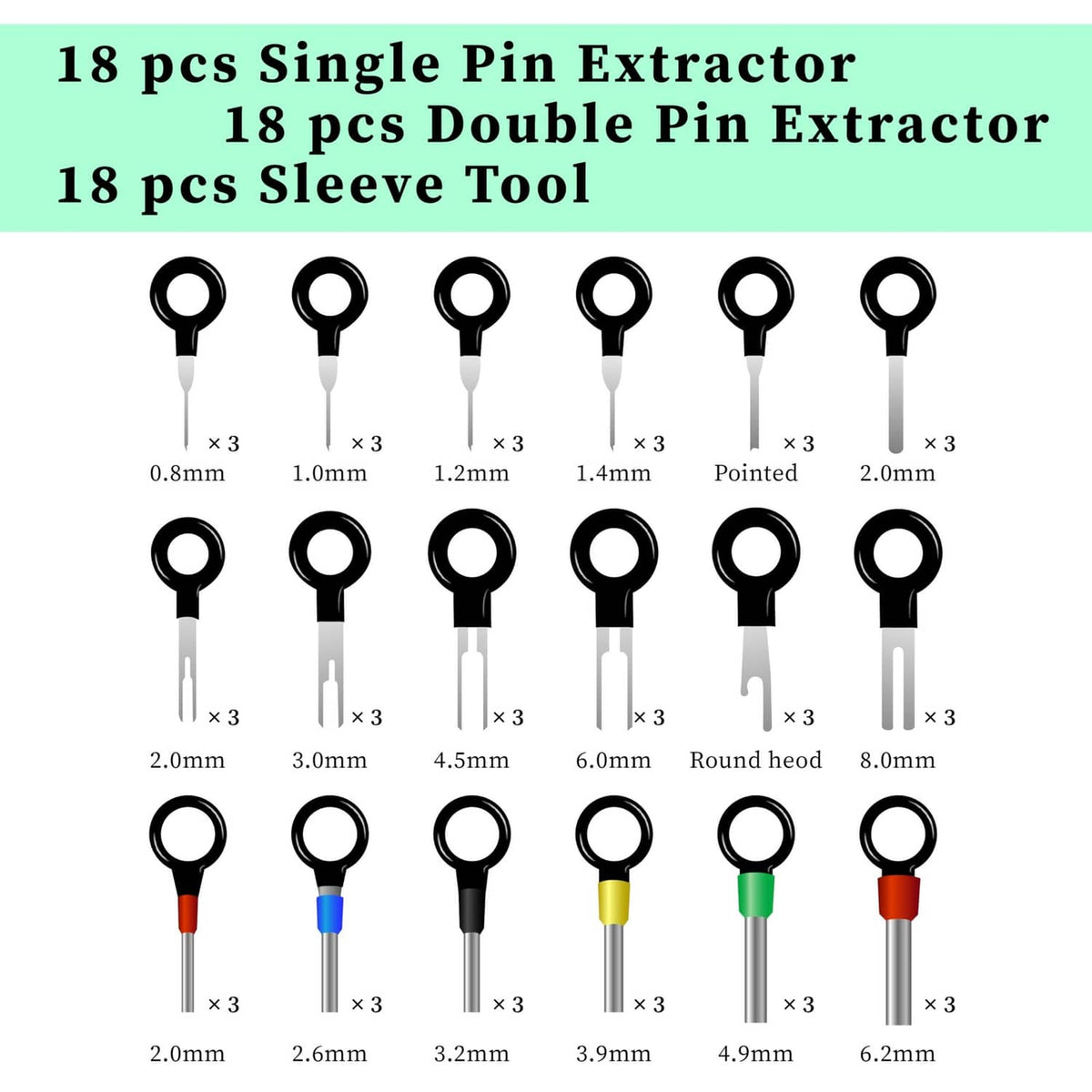 18-piece double and single pin extractor tool set with colored banded sleeves
