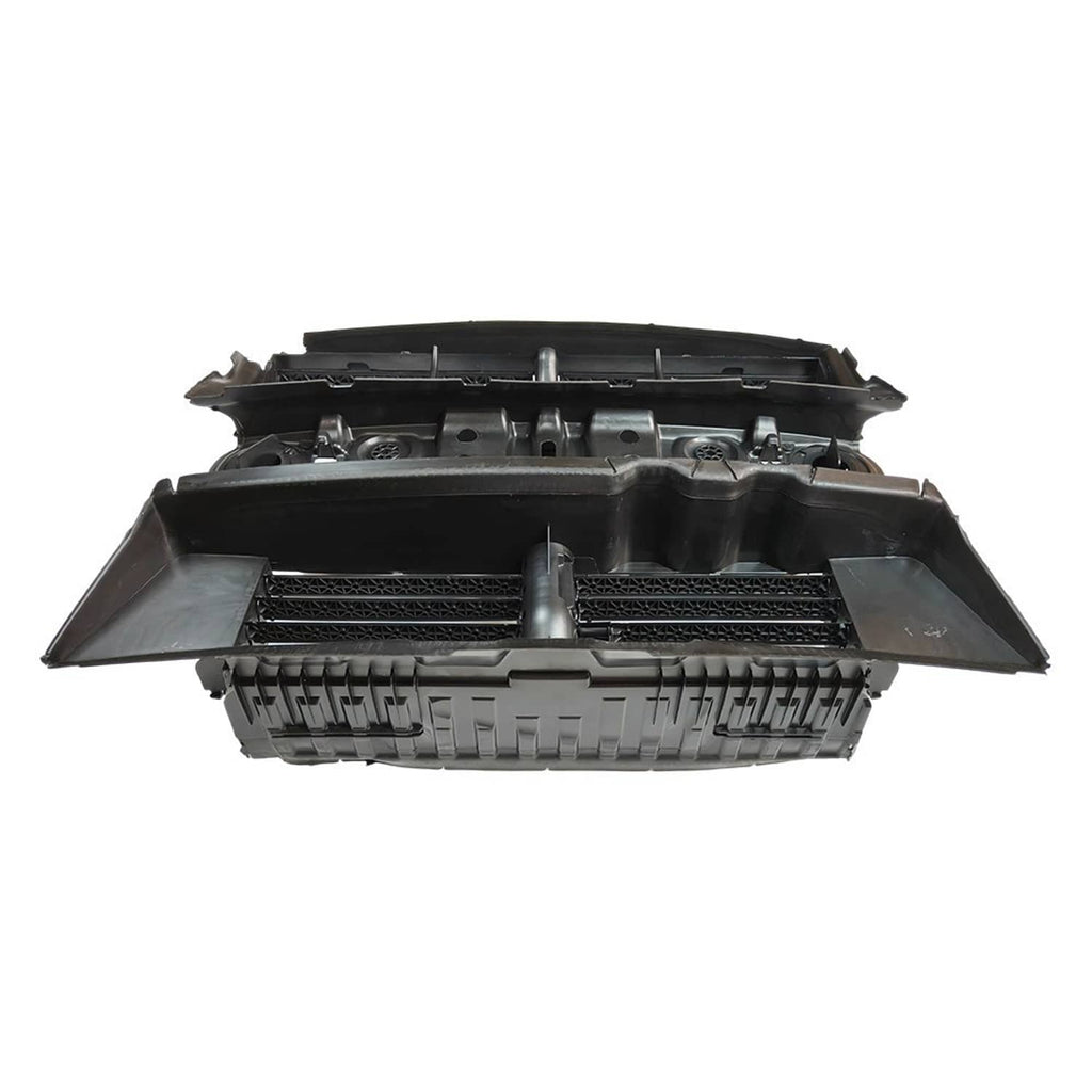 Front grille shutter assembly with motor, side view of black vent openings and brackets