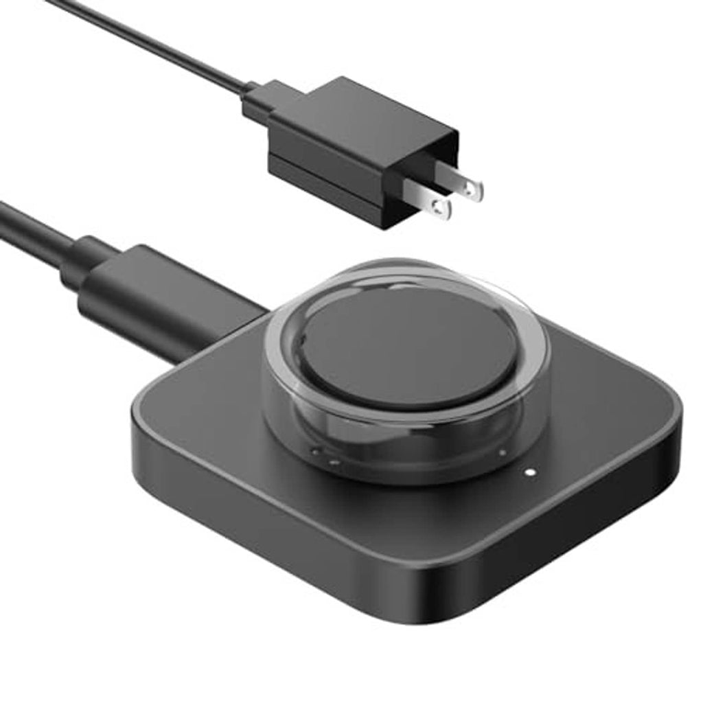 Black smart ring charging dock with round cradle, USB cable and plug