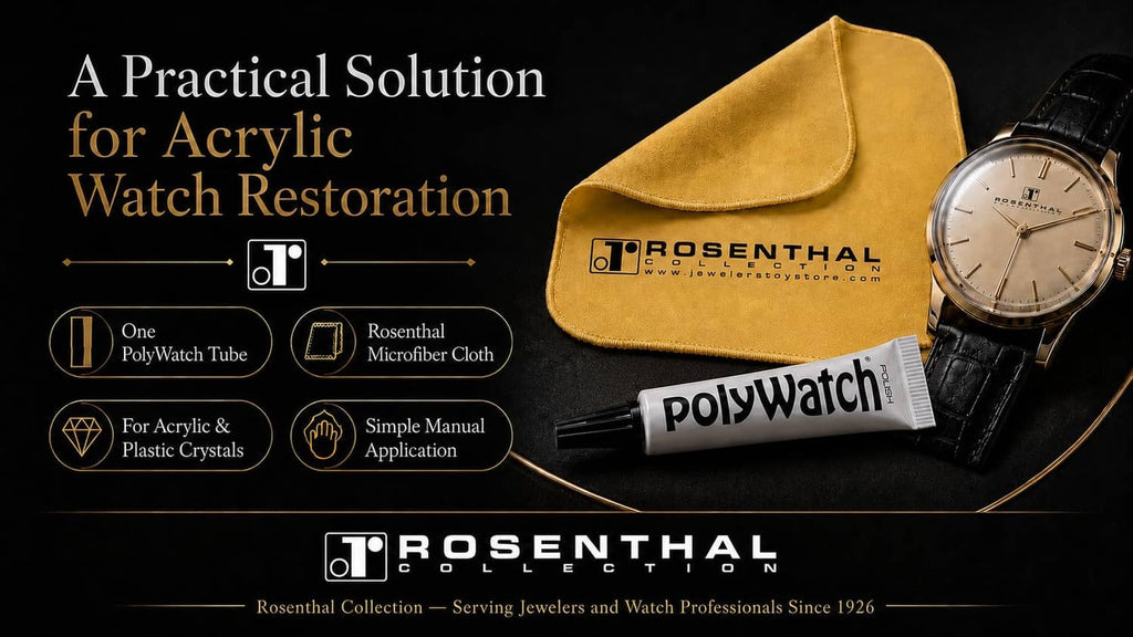 PolyWatch acrylic watch restoration kit with tube, microfiber cloth, and wristwatch