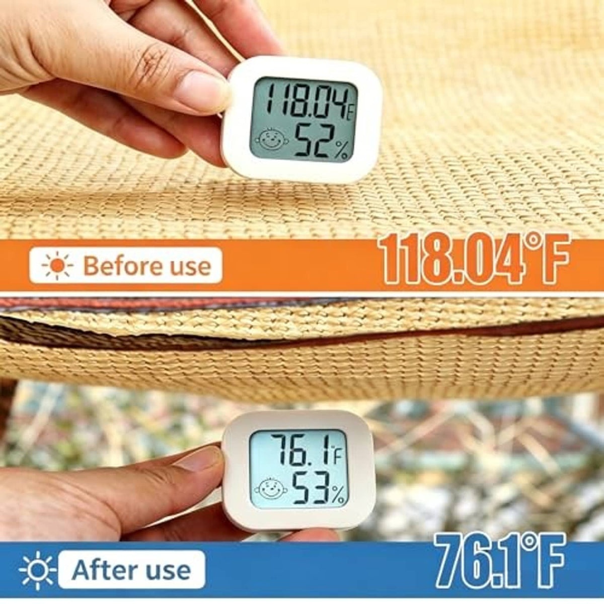 Sand shade cloth close-up with hand holding a temperature sensor