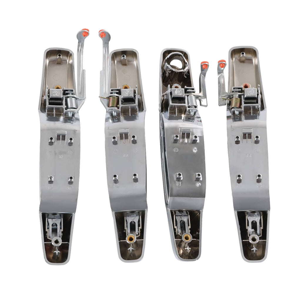 Chrome door handle underside with metal latch mechanism and orange retaining pins