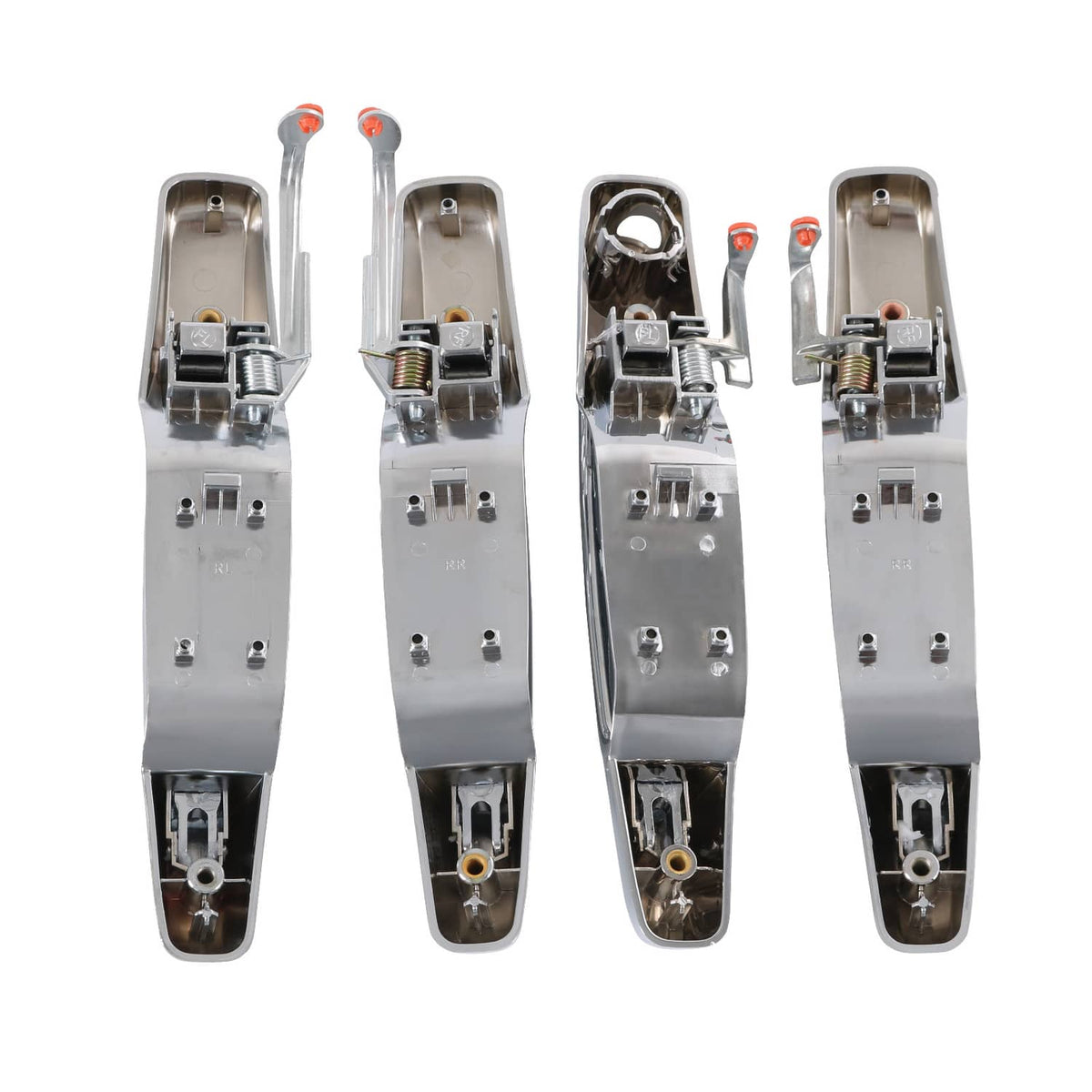 Chrome door handle underside with metal latch mechanism and orange retaining pins