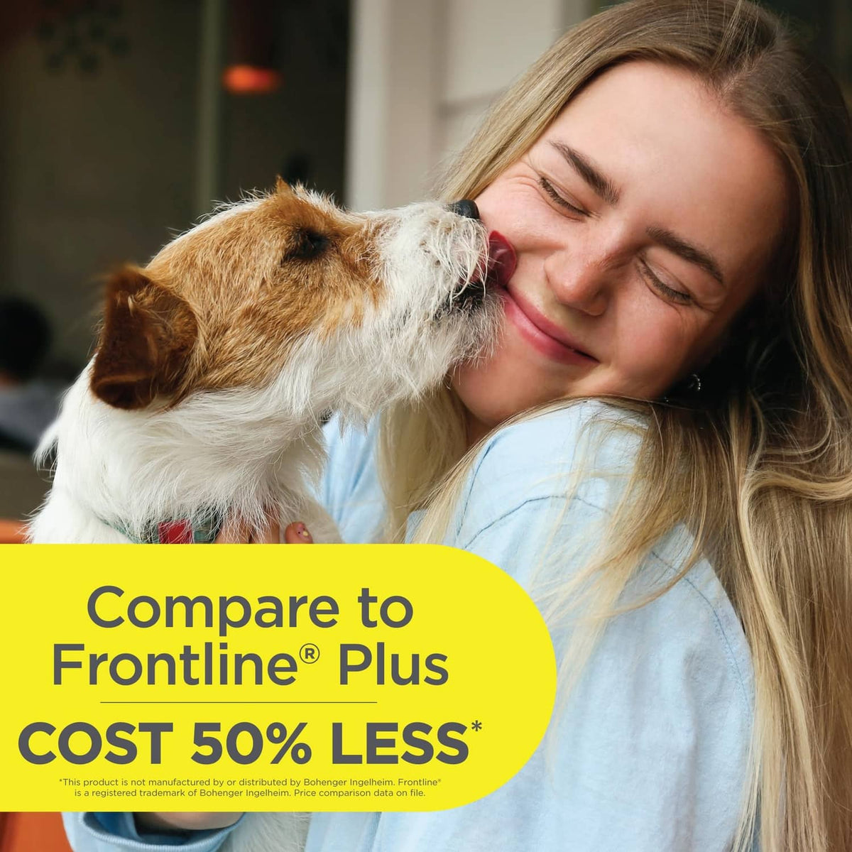 Dog with a woman, with Compare to Frontline Plus cost banner