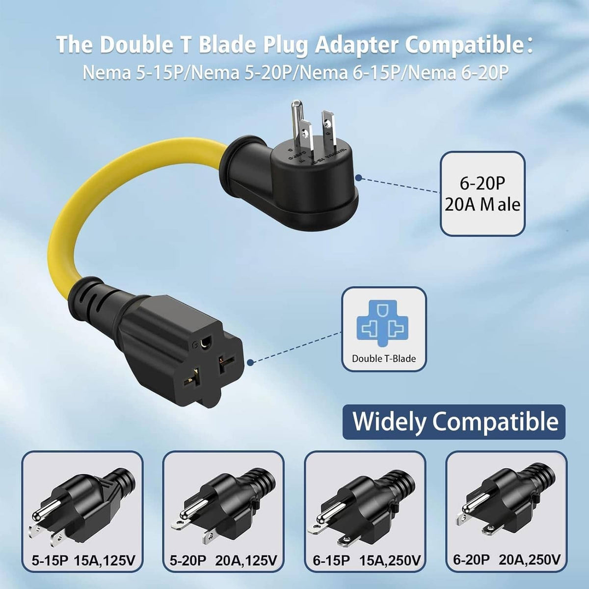 Yellow extension cord with black double T-blade plug adapter, side angle view