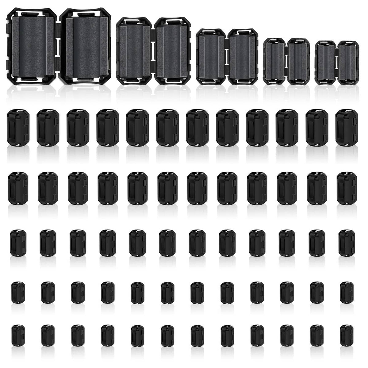Black snap-on ferrite choke beads set with multiple rectangular cases