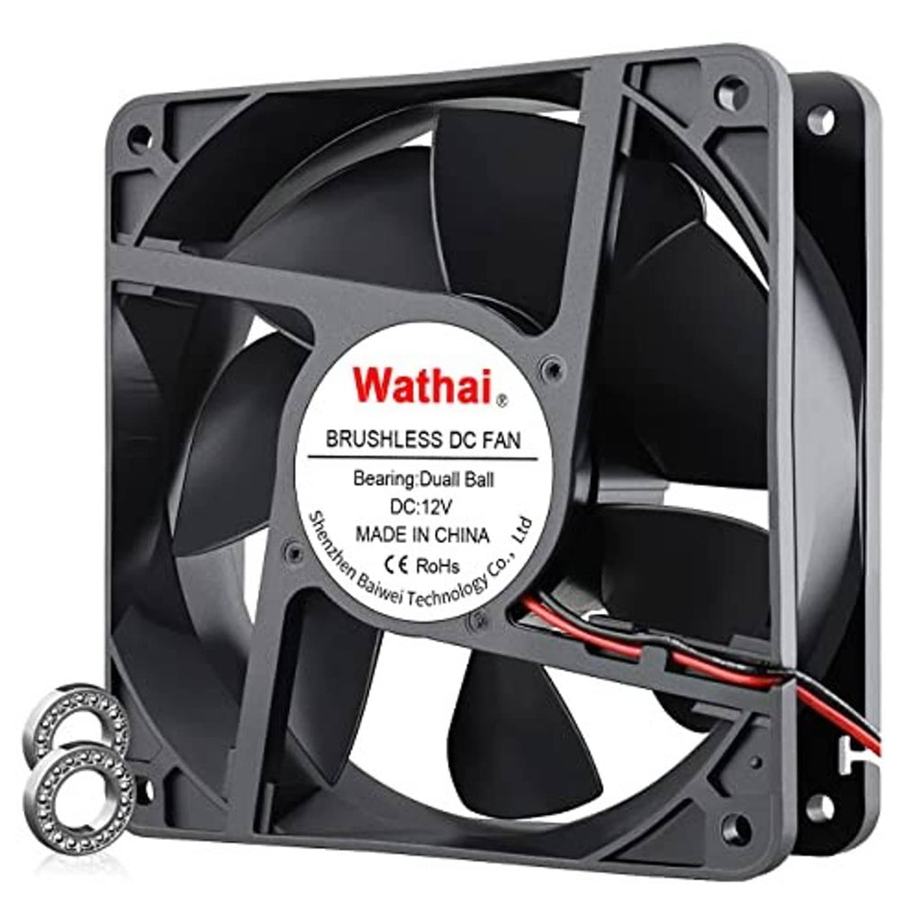120mm black brushless DC cooling fan with black blades and frame, DC 12V dual ball