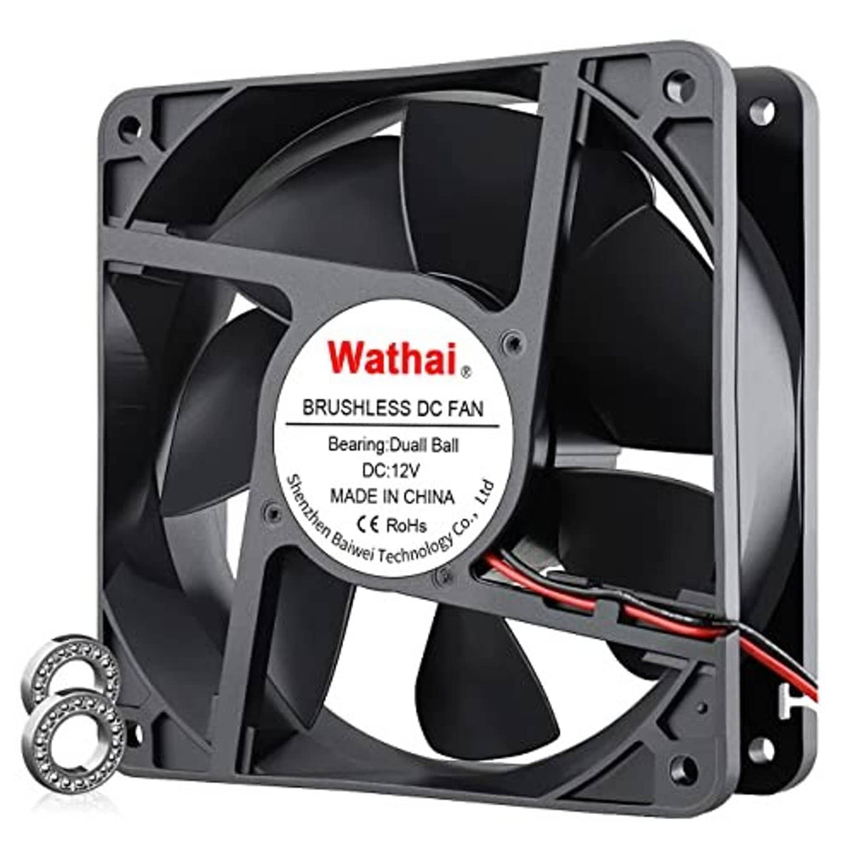 120mm black brushless DC cooling fan with black blades and frame, DC 12V dual ball