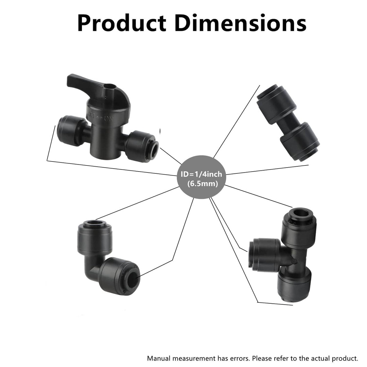 Black 1/4 in drip irrigation quick-connect fittings with shown connector dimensions