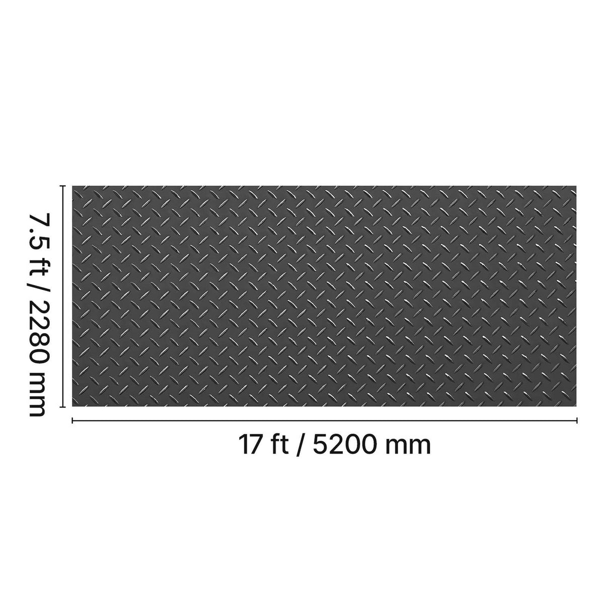 Black diamond-plate PVC garage floor mat rectangle with size measurements