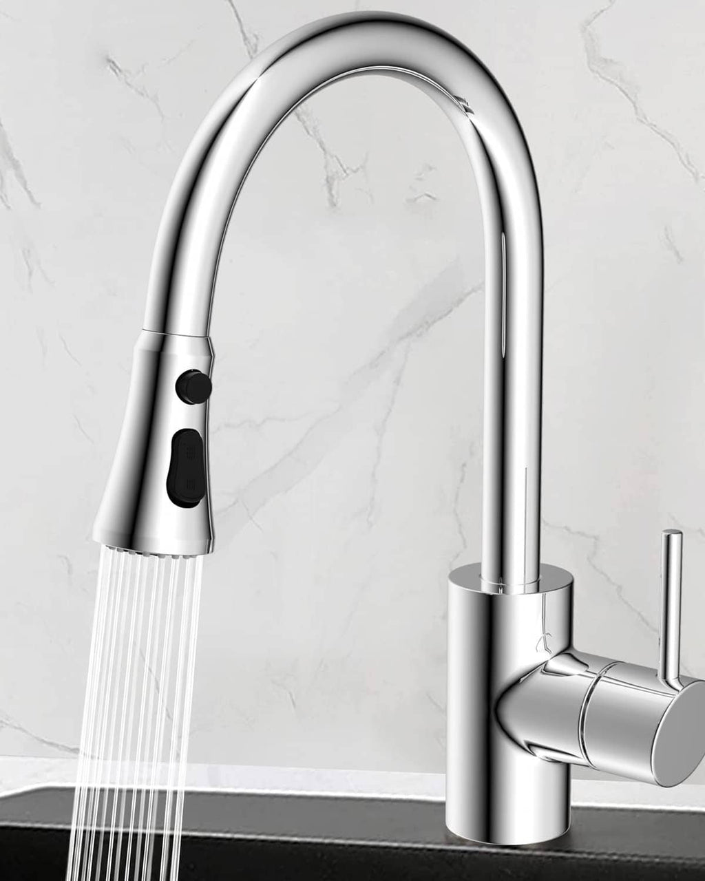 Chrome kitchen faucet sprayer head with black control button and water stream