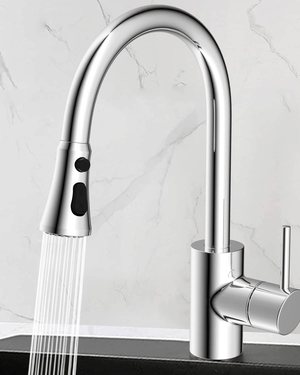 Chrome kitchen faucet sprayer head with black control button and water stream