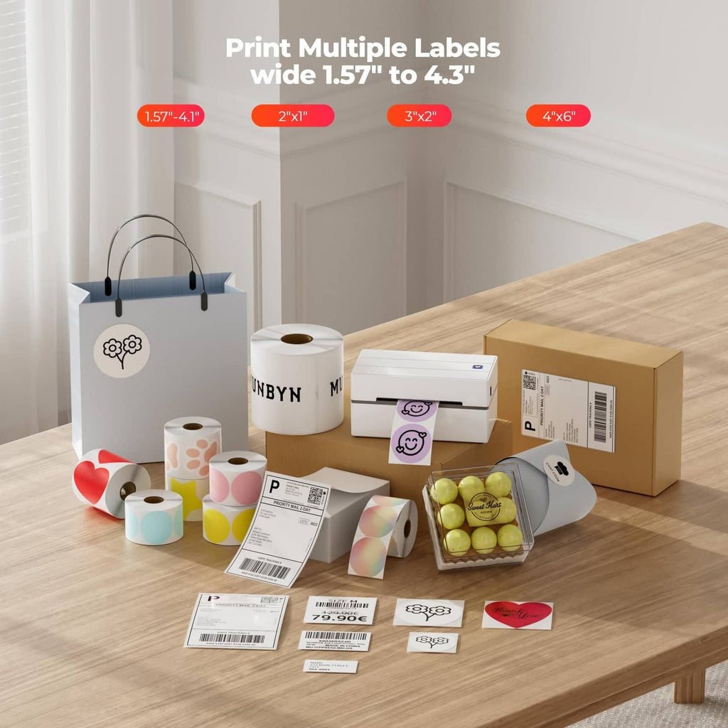 MUNBYN thermal label printer with multiple size shipping labels and printed label examples