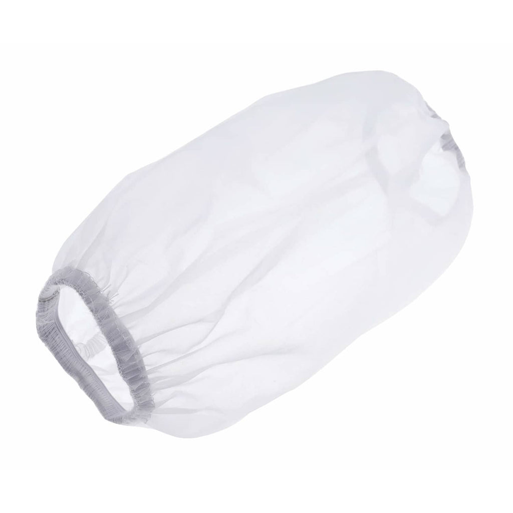 Air filter precleaner sleeve with white pleated filter and gray mesh trim