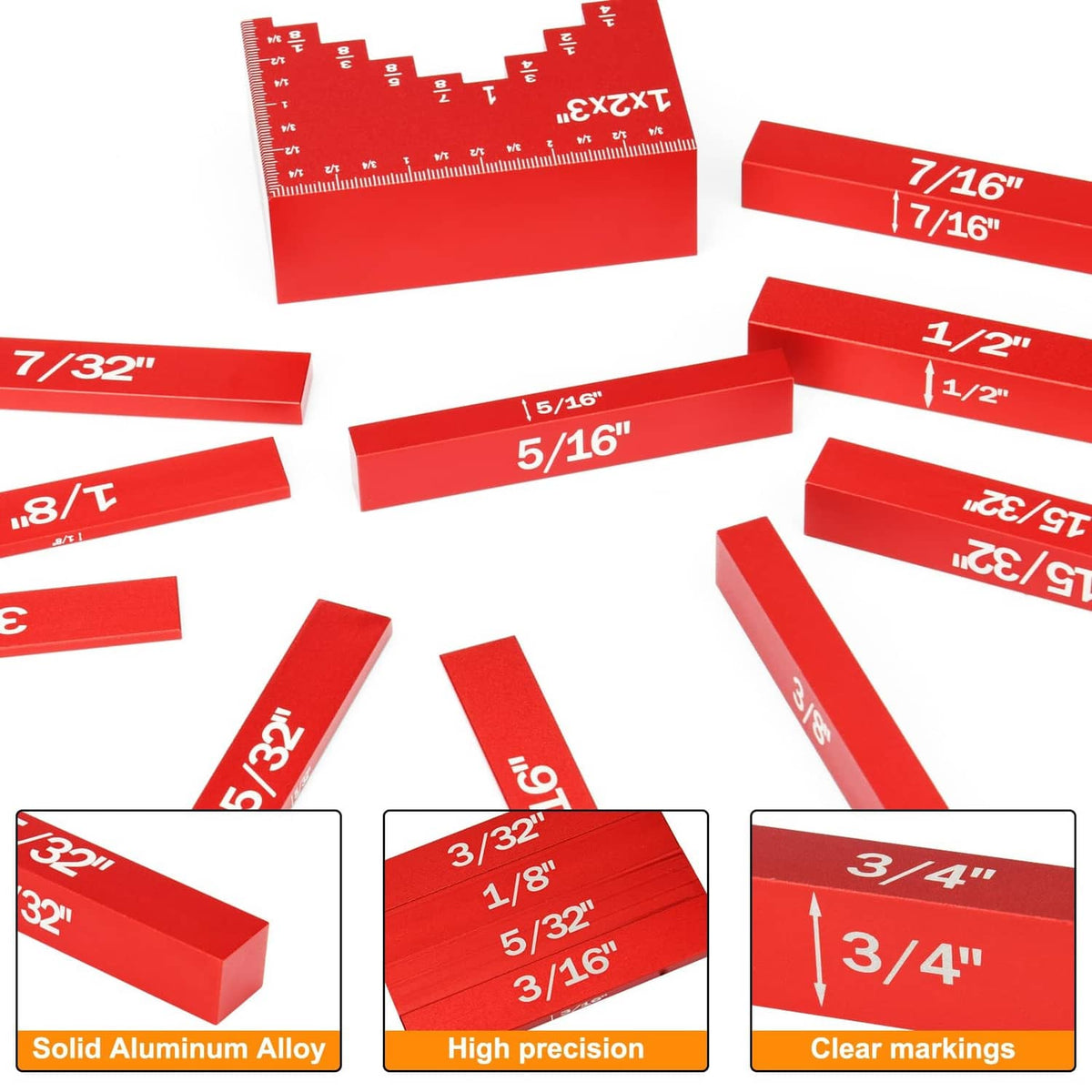 Red aluminum height gauge blocks with clear engraved measurement numbers