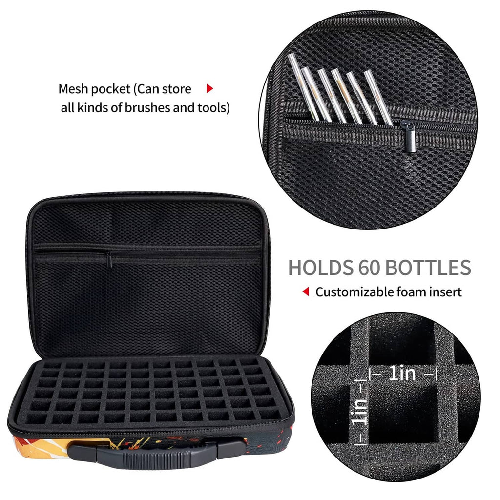 Paint storage case holding 60 bottles with customizable foam grid and mesh pocket