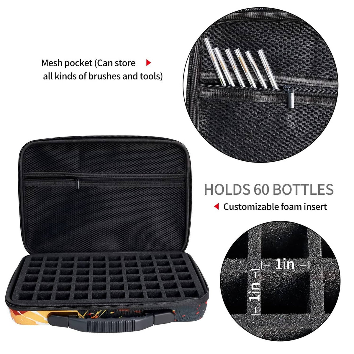 Paint storage case holding 60 bottles with customizable foam grid and mesh pocket