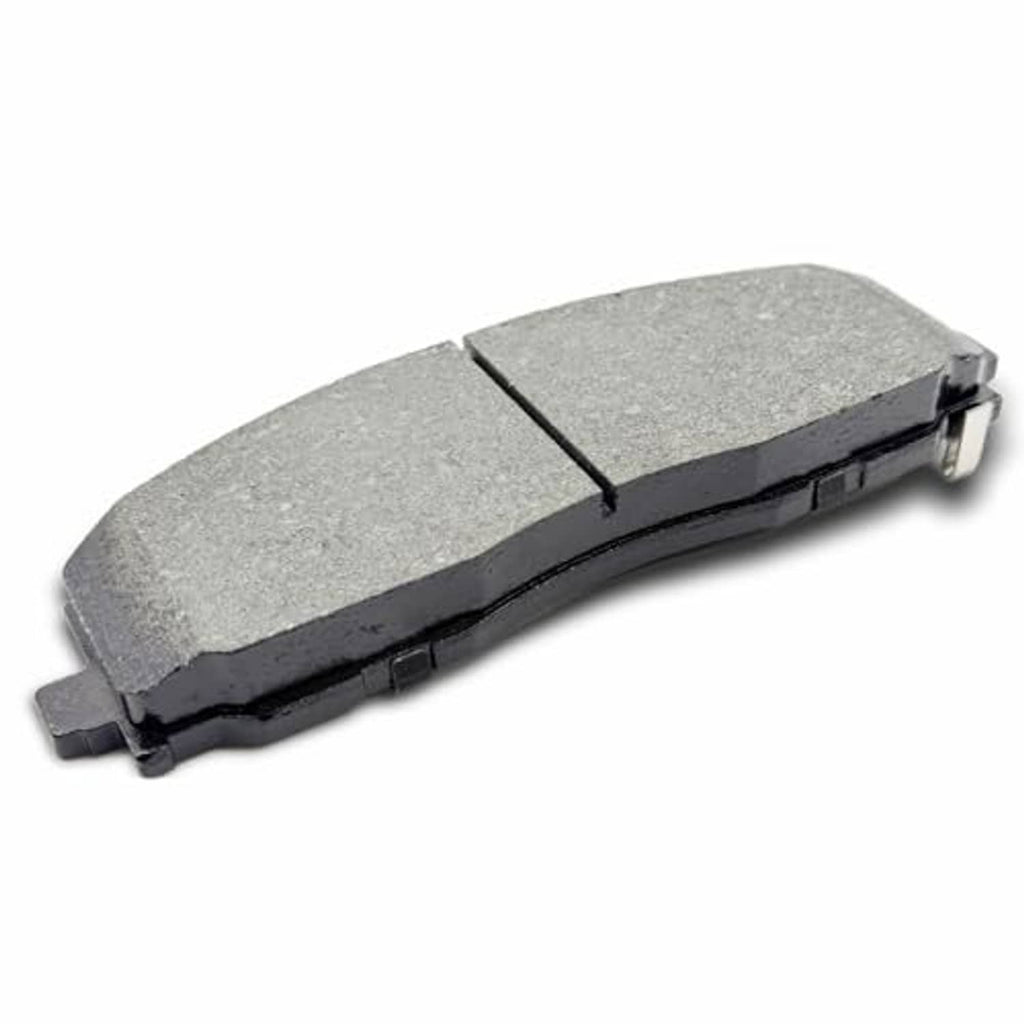 Ceramic brake pad with gray friction material and black backing, angled side profile
