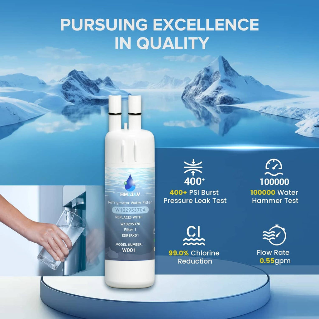 White refrigerator water filter cartridge bottle with quality test icons and flow graphic