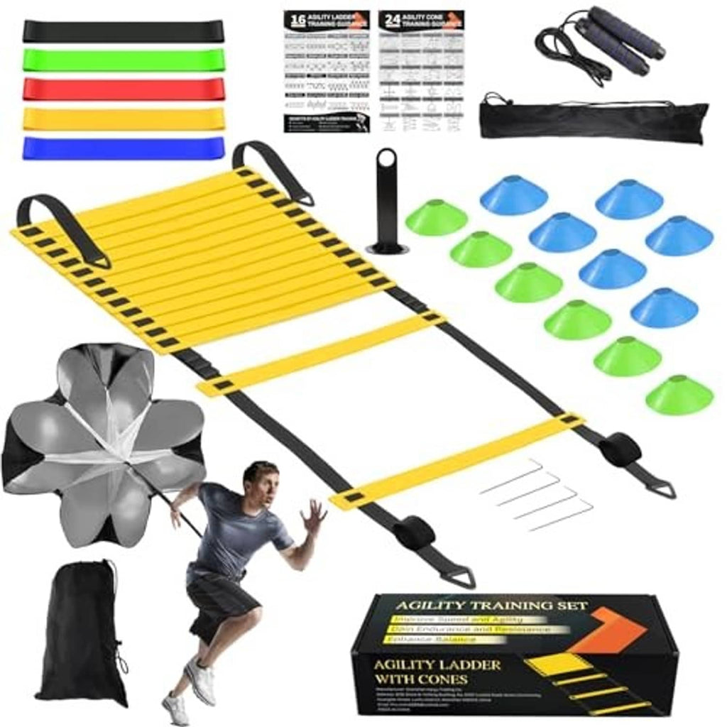 Agility ladder with colored cones, blue/green markers, and carrying bag