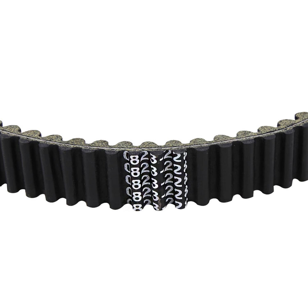 Black ribbed drive belt with metal label and toothed inner edge detail