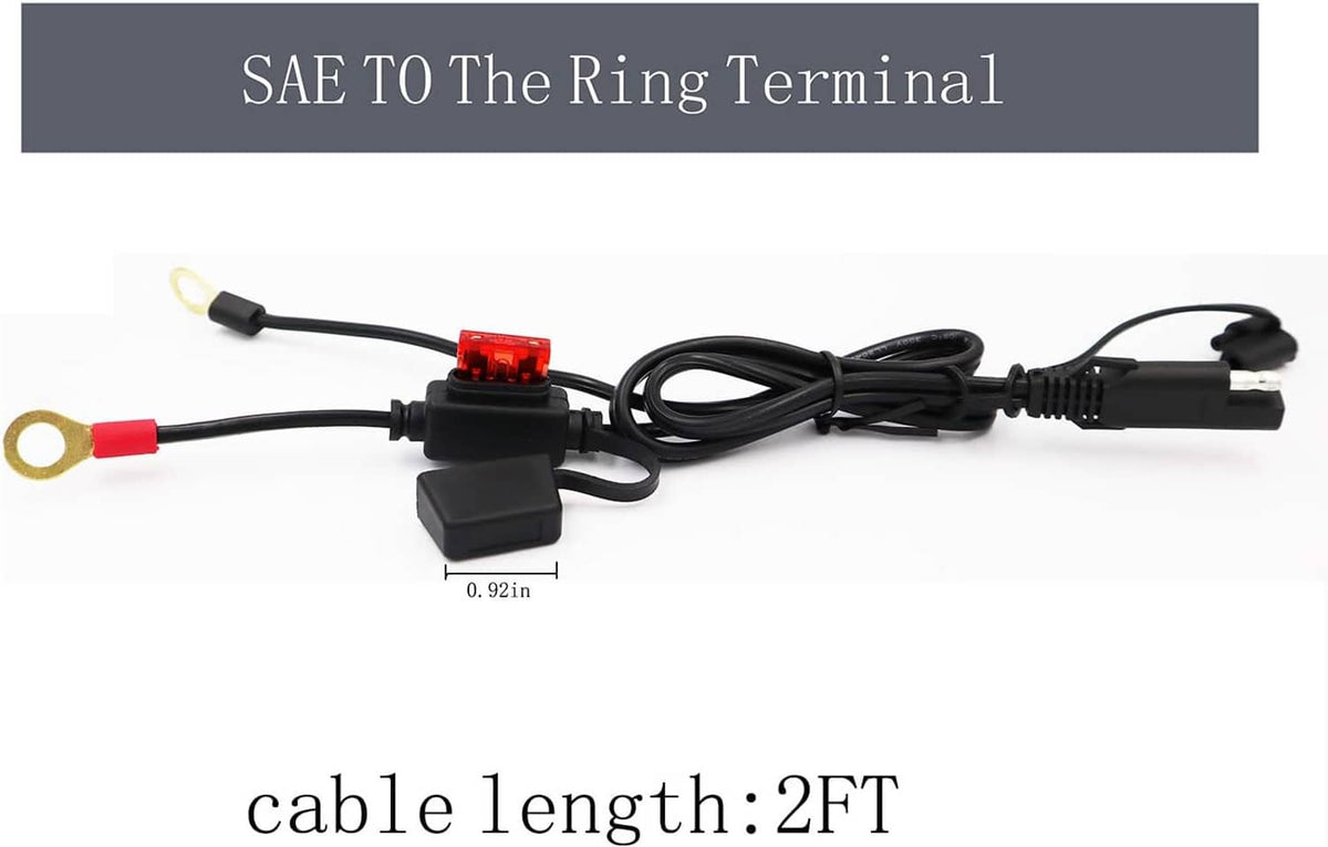 SAE to ring terminal extension cable with inline connector and red/black ring terminals