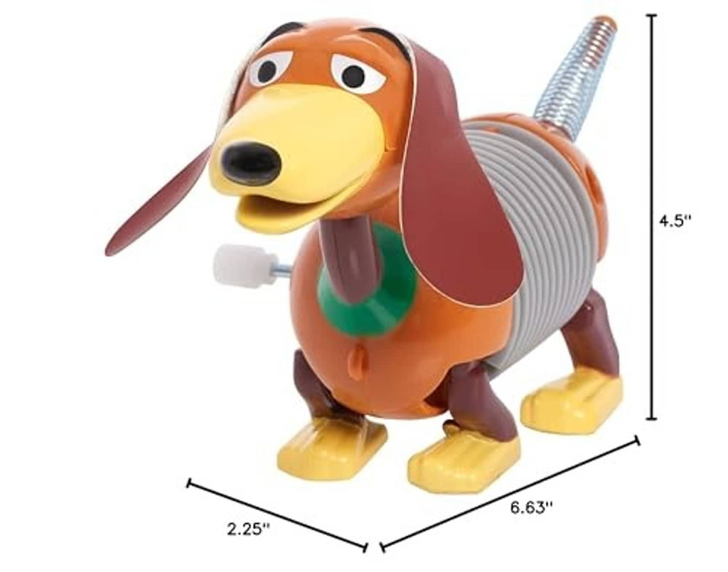 Slinky Dog wind-up toy with size guide, orange dog figure and gray coil spring
