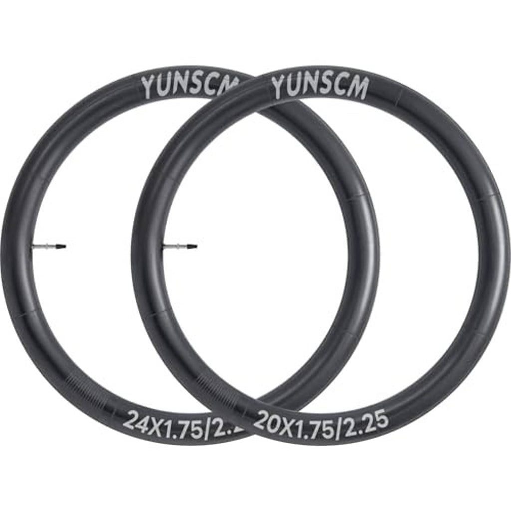 Two black 20-inch bike inner tubes with Presta valves, marked 20x1.75/2.25