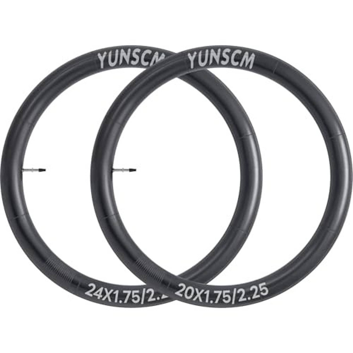 Two black 20-inch bike inner tubes with Presta valves, marked 20x1.75/2.25