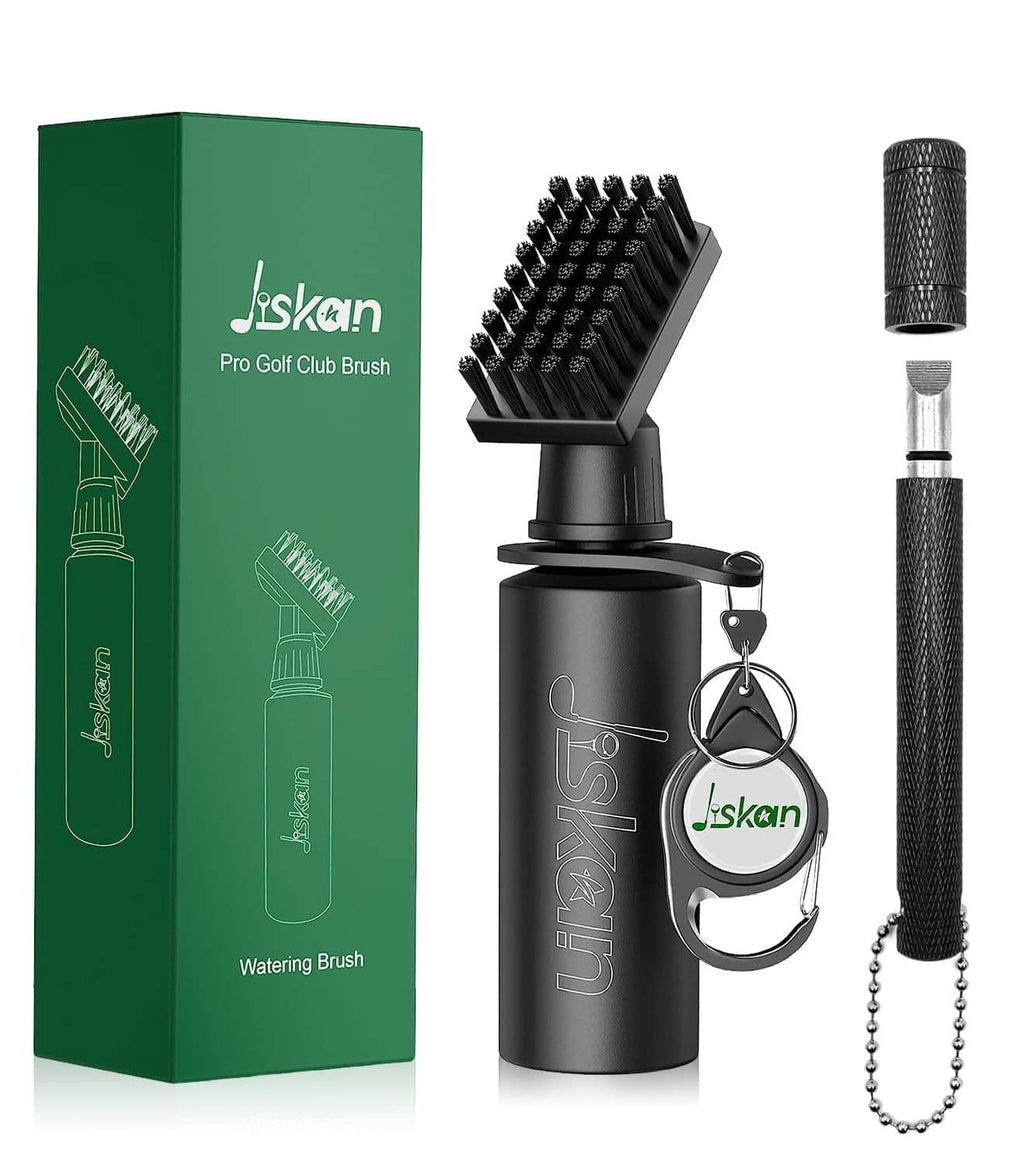 Jiskan Pro golf club cleaner brush tool with black bristles, handle, and keychain
