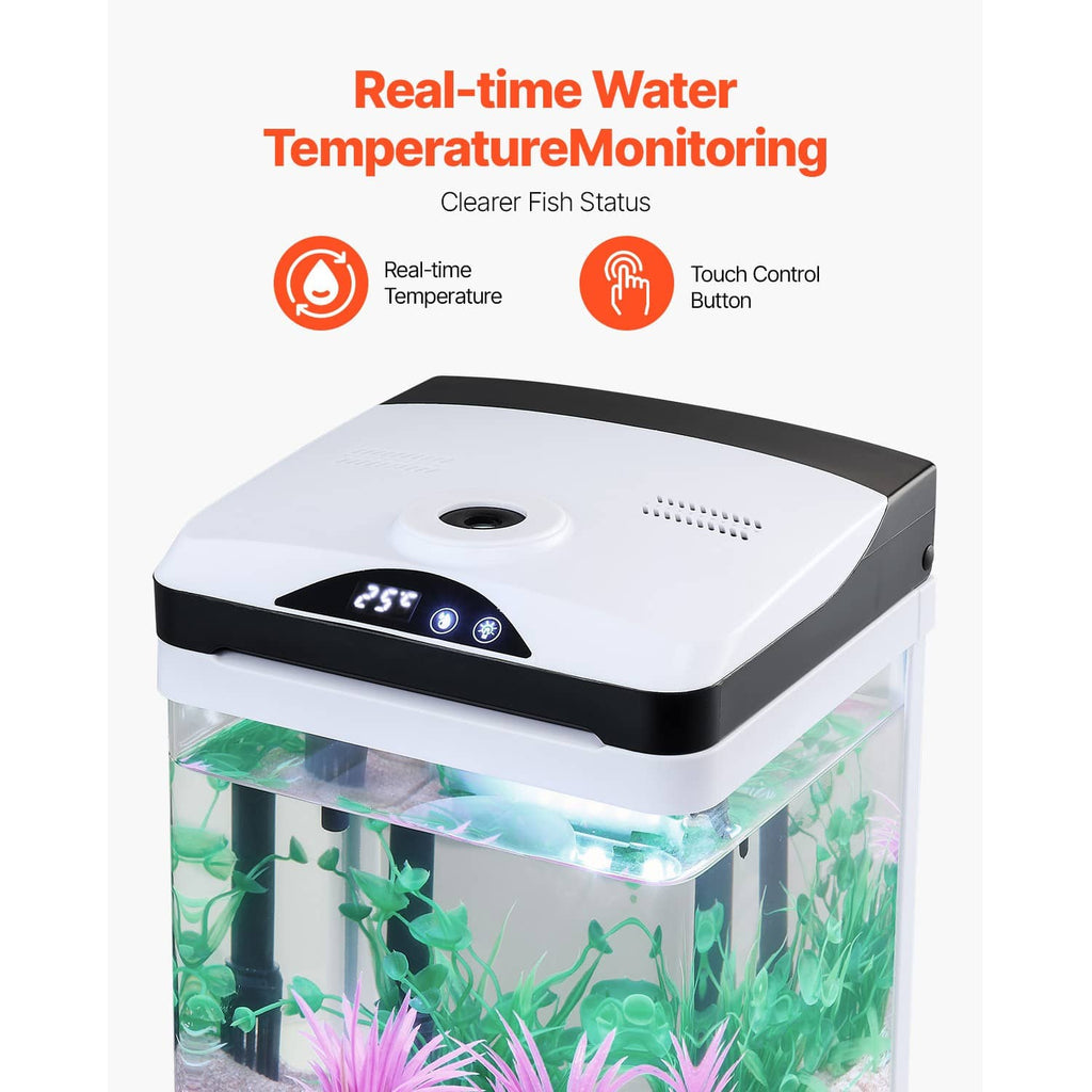 Square clear LED aquarium with top control panel and temperature display