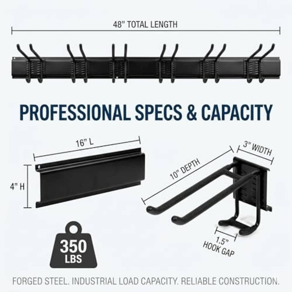 Black tool organizer wall rail with multiple dual hooks and 48-inch length