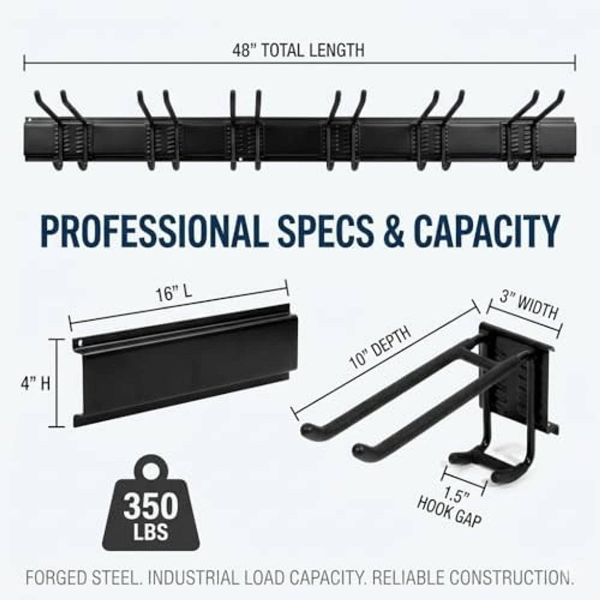Black tool organizer wall rail with multiple dual hooks and 48-inch length