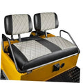 Golf cart seat covers with gray diamond-quilted panels and black trim, two headrests