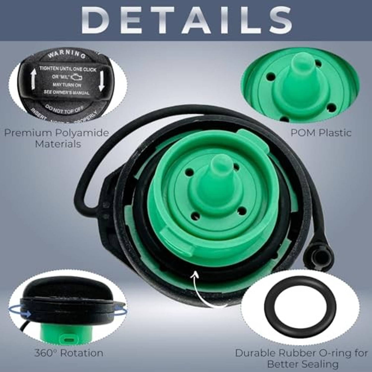 Fuel tank cap detail view with green insert, sealing O-ring and 360° rotation