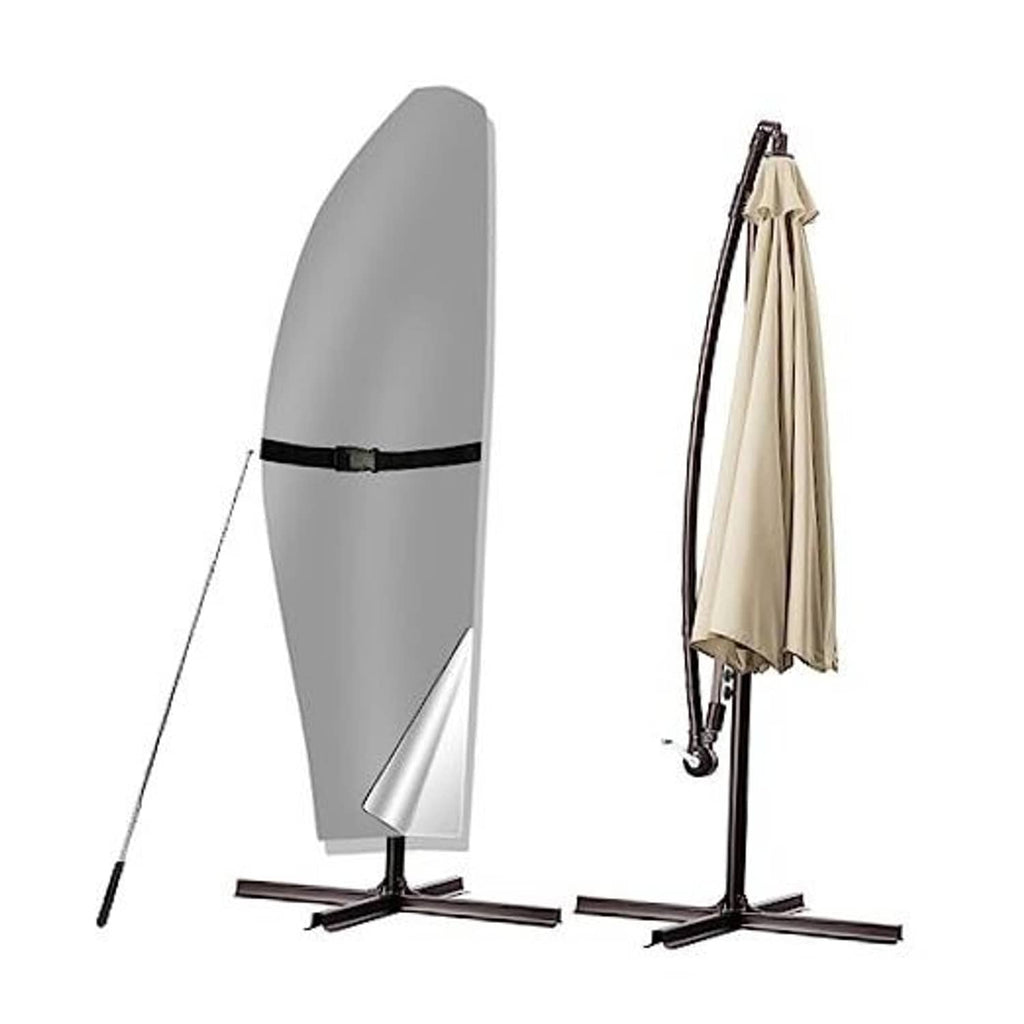 Gray cantilever patio umbrella cover with black strap securing the fabric.