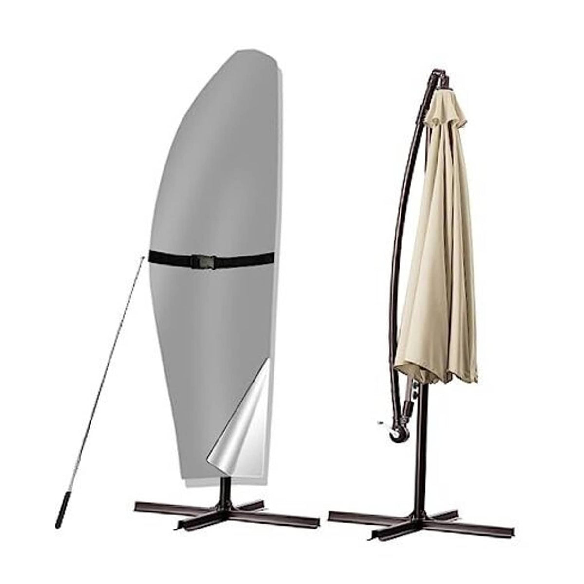 Gray cantilever patio umbrella cover with black strap securing the fabric.