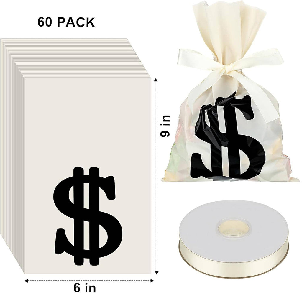 9 x 6 in cream money treat bag with black dollar sign, tied with a white ribbon bow