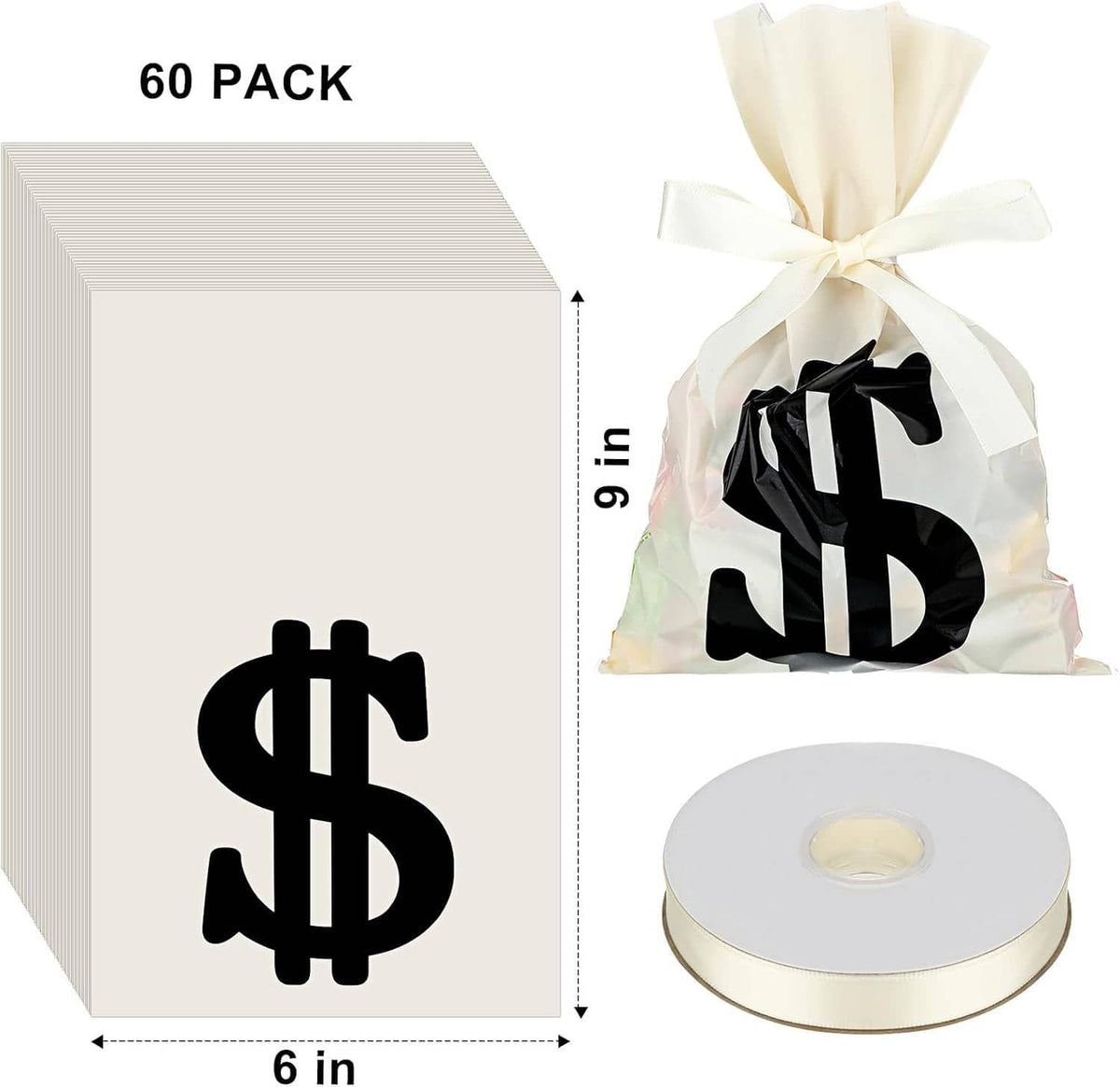 9 x 6 in cream money treat bag with black dollar sign, tied with a white ribbon bow