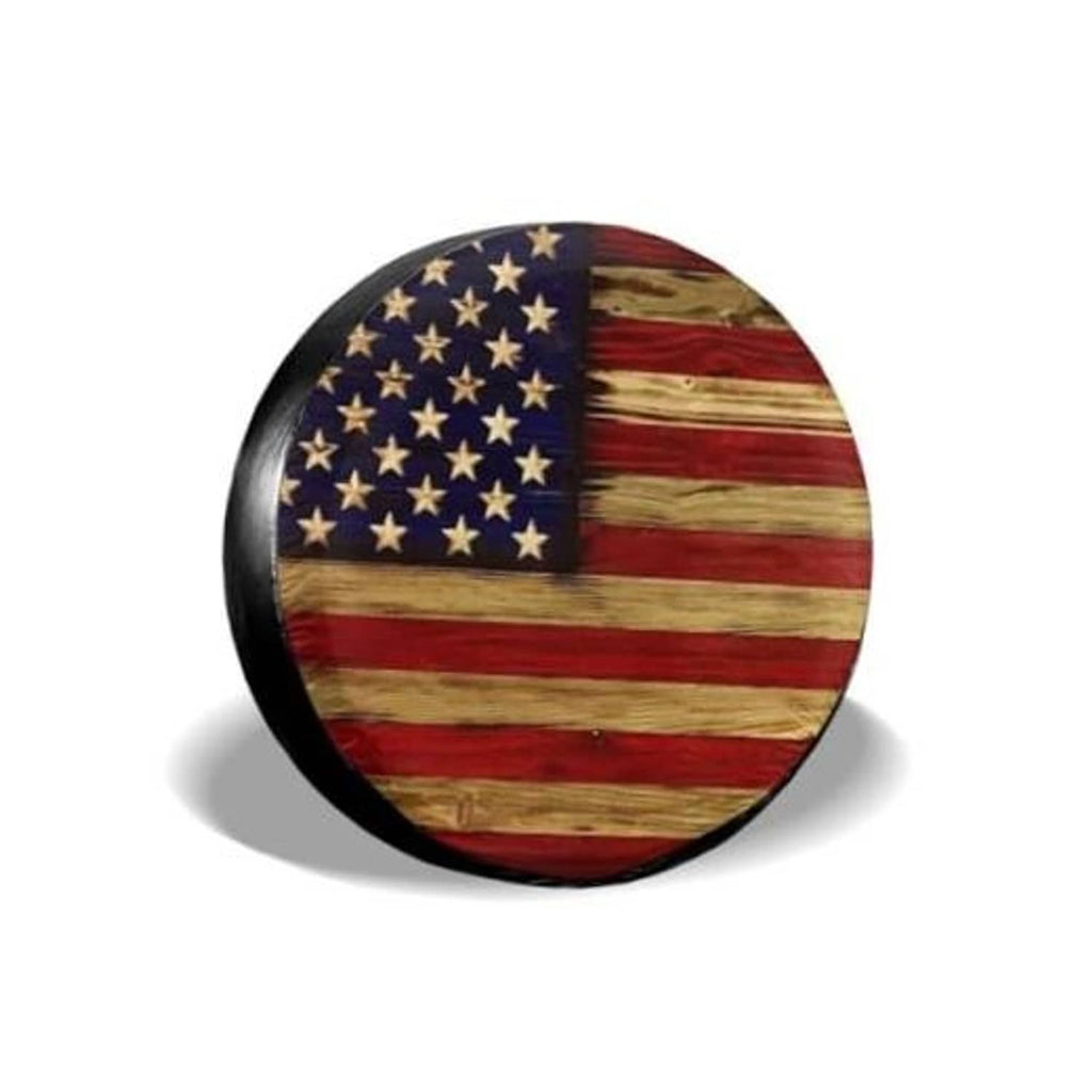 Standalone round universal tire cover with American flag print and black edge border