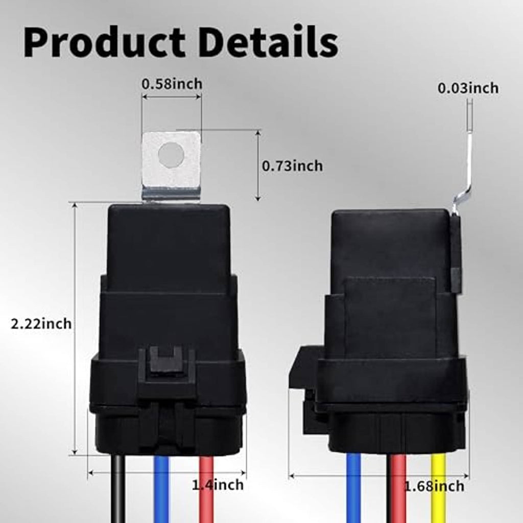 Black automotive relay with pin terminals and colored lead wires, front and side views