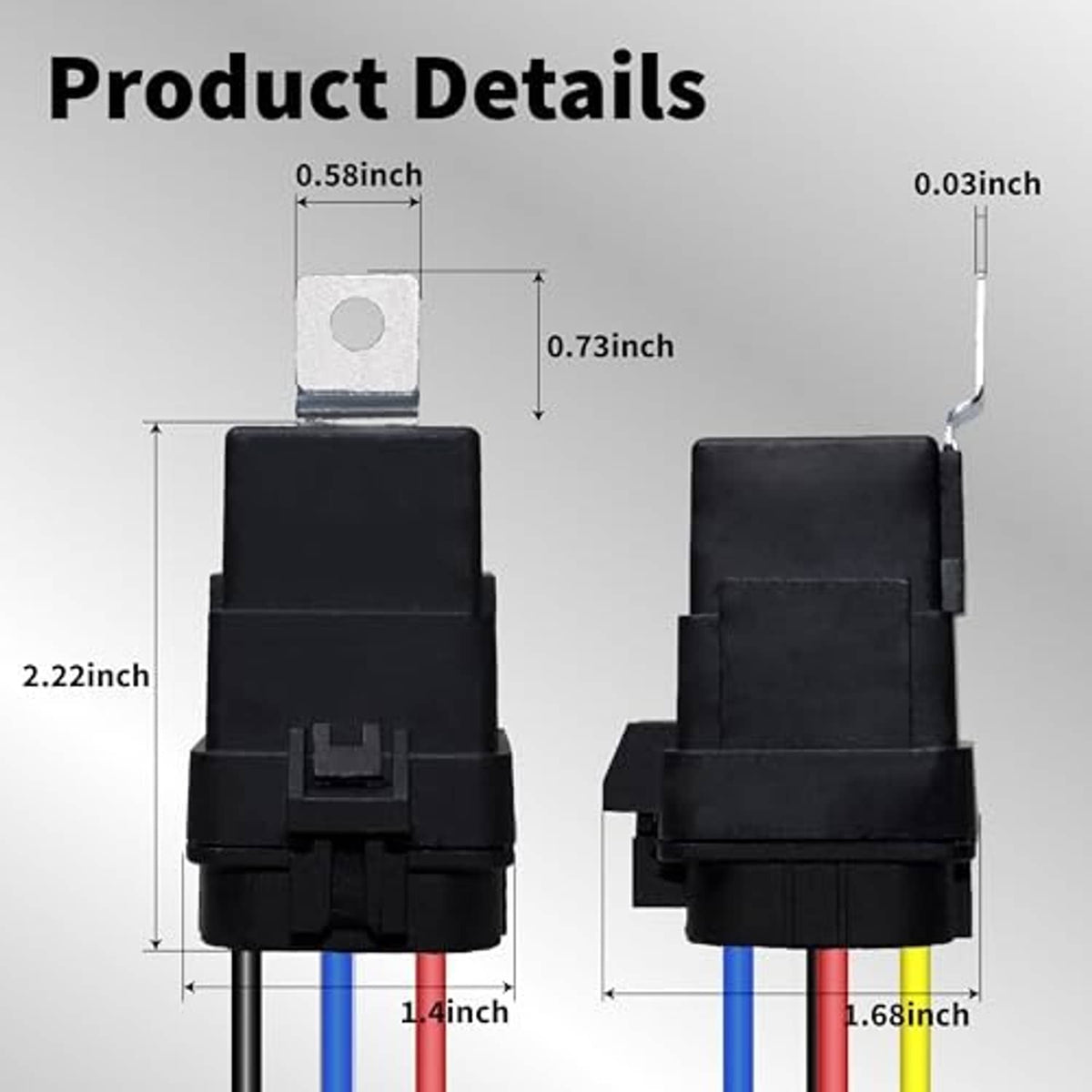 Black automotive relay with pin terminals and colored lead wires, front and side views